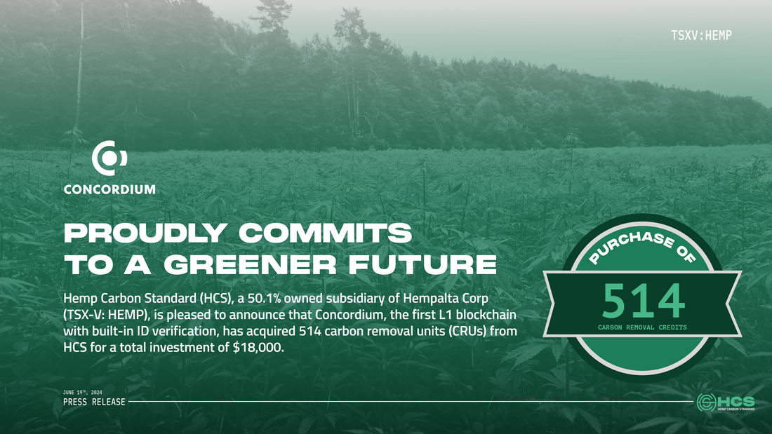 Hemp Carbon Standard Announces Sale of 514 Carbon Removal Units to Concordium